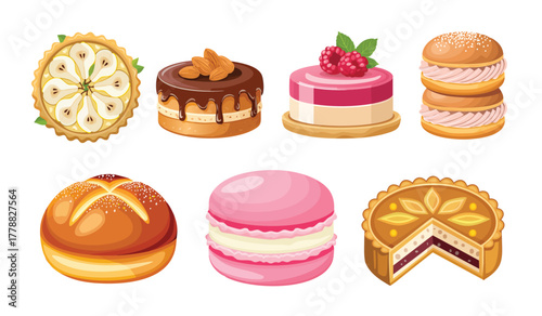A collection of various delicious pastries, cakes, and baked goods displayed in a row. Vector set French pastries.