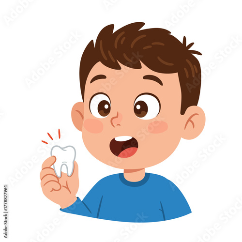 Surprised cartoon boy with brown hair holding a shiny freshly lost milk tooth.