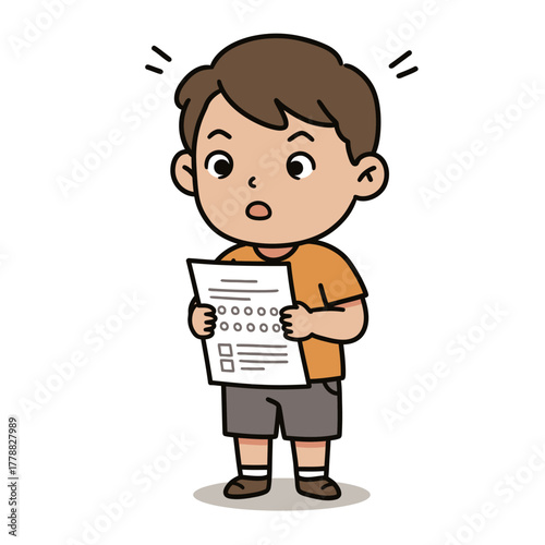 Surprised cartoon boy with brown hair holding a test paper showing a shocked expression.