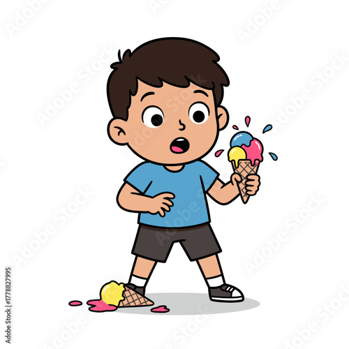Surprised cartoon boy with dark hair dropping a colorful ice cream cone on the ground.