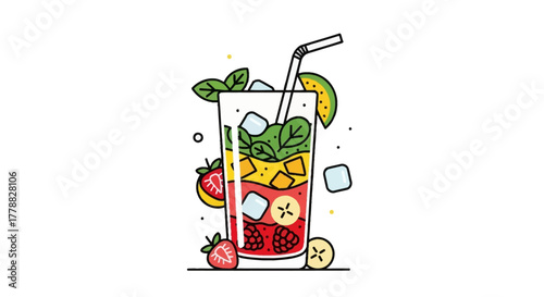 Creative vector illustration of a healthy fruit smoothie with fresh berries, banana, and mint in a tall glass with ice and a straw