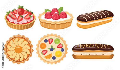 Colorful array of various sweet pastries and fruit tarts on display. Vector set French pastries.