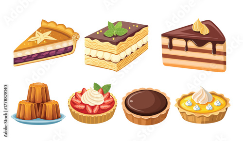 Illustration of various desserts including pie slices, tarts, and cakes, each decorated with fruit, cream, and chocolate toppings. Vector set French pastries.