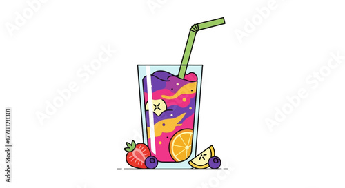 Colorful fruit smoothie illustration with banana, strawberry and blueberry