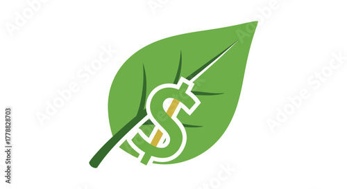 Vector icon of a green leaf with a dollar sign symbol illustrating the concept of a sustainable economy and eco-friendly investment