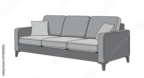 Minimalist three-seater sofa vector illustration with clean lines. Modern comfortable furniture graphic for interior design and home decor projects