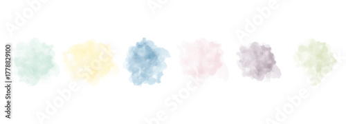 A collection of six watercolor splatters in pastel colors, providing a soft and artistic touch. Perfect for designs needing a delicate and creative element.