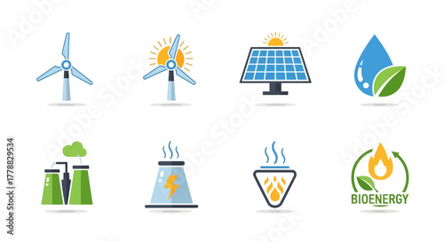 Sustainable Energy Sources Wind, Solar, Hydro, and Bioenergy Icons for a Greener Future