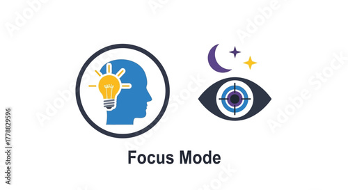 Focus mode icon set with a lightbulb in a human head for creative ideas and a targeted eye for night vision and concentration