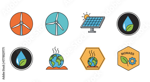 Renewable energy icons wind, solar, water, biomass, and global warming icons
