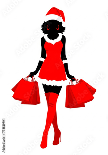 Christmas shopping girl with bags vector illustration. Happy shopping girl in Santa costume on white background. Woman with shopping bags in Christmas theme.