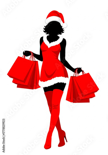 Christmas shopping girl with bags vector illustration. Happy shopping girl in Santa costume on white background. Woman with shopping bags in Christmas theme.