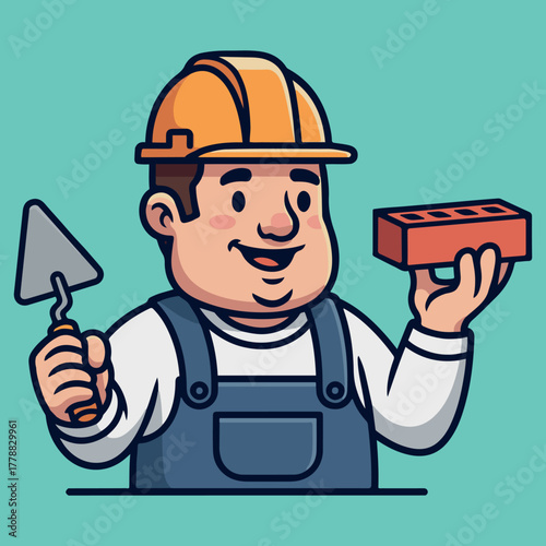 A friendly cartoon bricklayer mascot character wearing a hard hat, holding a trowel and a brick, representing the construction industry