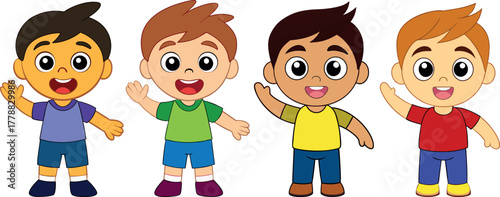 happy boys cartoon, friendship kids vector, waving children clipart, smiling friends illustration, playtime fun art, joy of childhood concept, team spirit design, cheerful kids character, boyhood toge