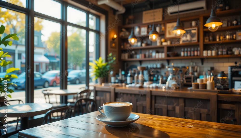 Fototapeta premium Cozy coffee shop interior with large windows and a steaming cup of coffee