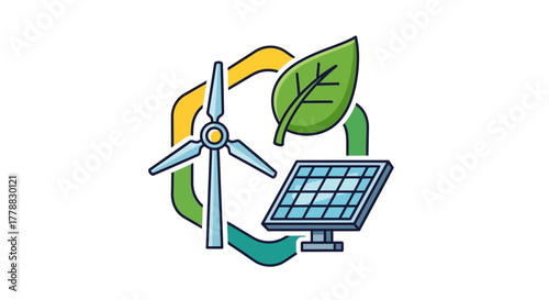 Eco-friendly power generation concept with a wind turbine and solar panel in a sustainable cycle, representing clean renewable energy