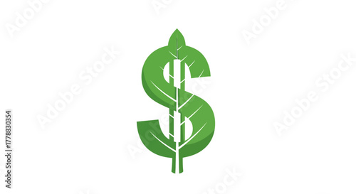 Sustainable finance concept with a green dollar sign made from plant leaves, symbolizing eco-friendly economy and growth