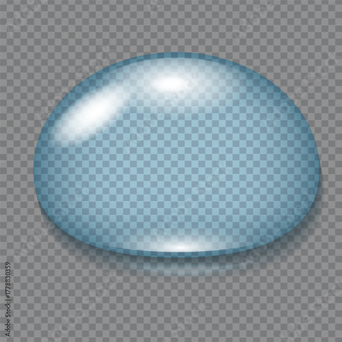 Transparent blue liquid blob on checkered background reflecting light