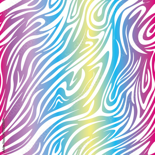 Striped zebra vector pattern seamless with multicolored hologram rainbow stripes. Endless print for clothes and fabric in bright summer style. Trendy neon print of fashionable safari.