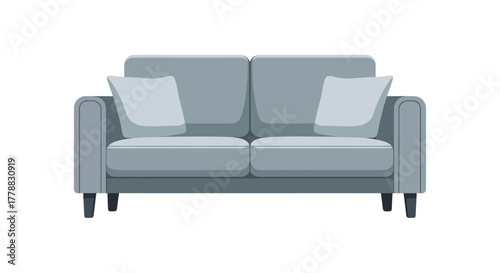 Modern minimalistic two-seater sofa in light grey color with cushions for contemporary home interior decor element and comfortable living space design