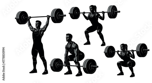 Black and white illustration set of weightlifter performing barbell exercises