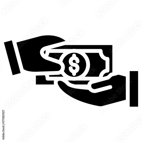 Black Glyph Payment Icon – Solid Hand Giving Cash Symbol for Business and Finance Apps