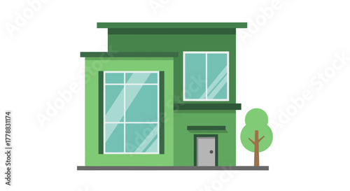 Modern green building with large windows and a tree, minimalist design illustration
