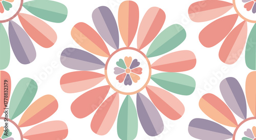 Pastel floral pattern with overlapping petals in circular design on white background