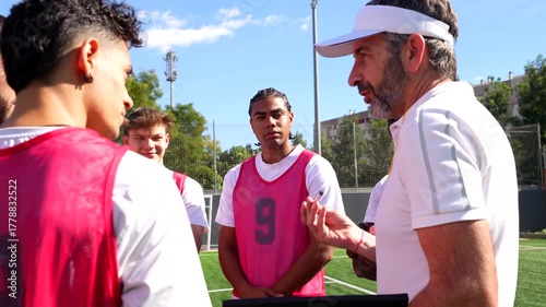 Soccer coach giving instructions to young players on the field