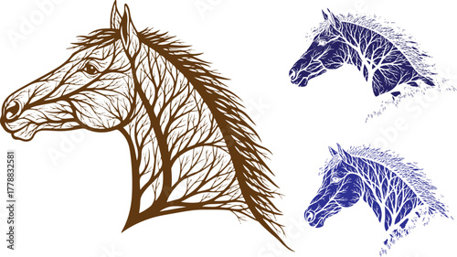 Artistic horse head illustration with intricate line work on a dark background