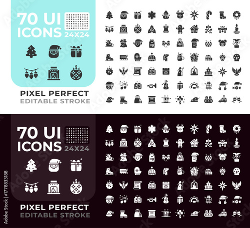 Christmas season glyph ui icons set for light and dark mode. New year festive party. Magic winter holiday. Black solid symbols vector iconset. User interface elements collection, pixel perfect