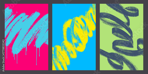 Set of spiral brush strokes with grainy spray effect. Hand drawn curved lines form a bold vertical banners. Set of distressed vector retro background with rough texture, scattered small dotted details