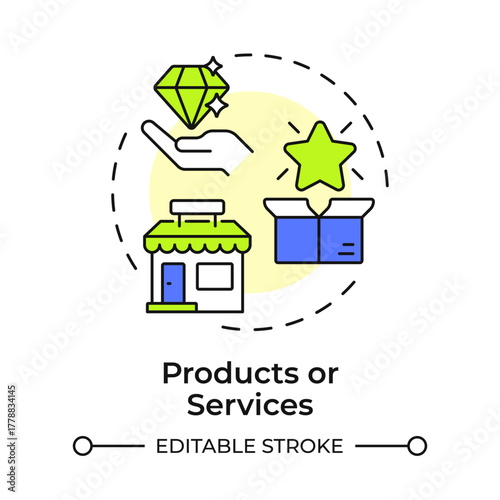 Products and services multi color concept icon. Describing key features. Key stage of business plan. Round shape line illustration. Abstract idea. Graphic design. Easy to use in infographic