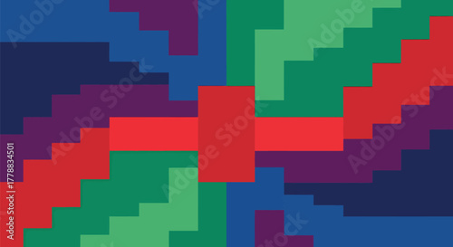 Abstract geometric composition of multicolored rectangles forming a central cross pattern