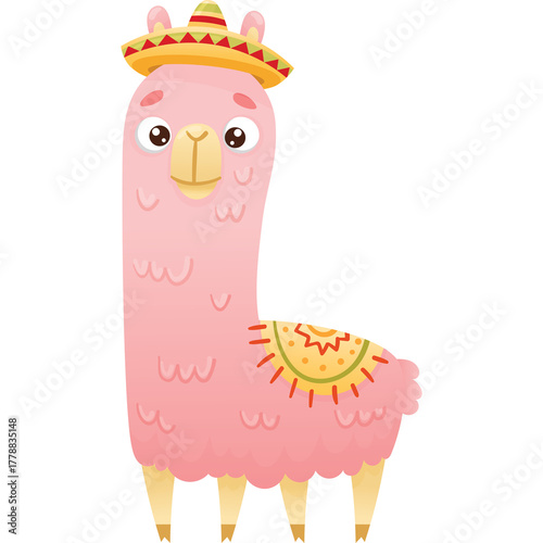 Whimsical Pink Llama Wearing a Festive Sombrero and Colorful Saddle Blanket Adorable Cartoon Character Isolated on Transparent Background