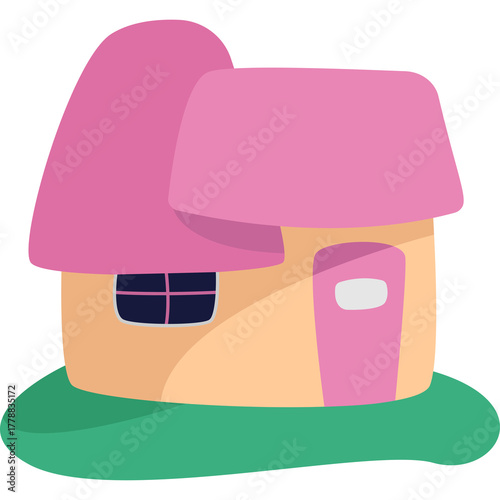 Whimsical Pink Mushroom House Illustration with Green Grass Base on Transparent Background