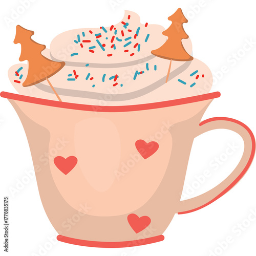 Whimsical Pink Mug Filled With Cream Topped With Sprinkles And Gingerbread Trees On A Transparent Background