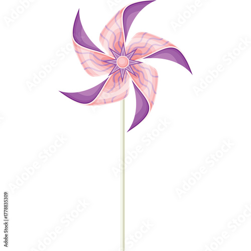 Whimsical Pinwheel Toy With Purple and Pink Petals Spinning Gently On A White Background Showing A Playful Toy For Outdoor Fun And Childhood Nostalgia