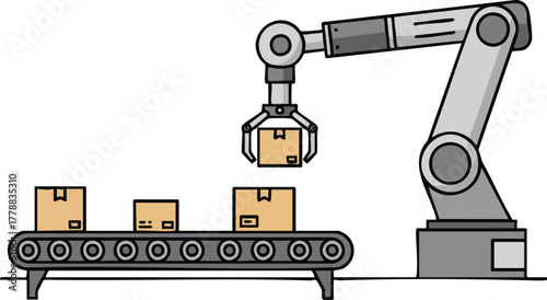 A robotic arm picks up a cardboard box from a conveyor belt in a factory setting with other boxes.