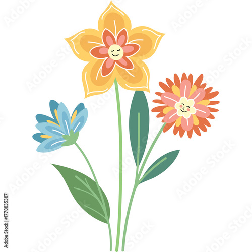 Whimsical Pixel Art Floral Bouquet with Smiling Faces Yellow Orange and Blue Flowers with Green Stems and Leaves on a Transparent Background