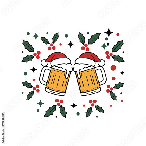 Christmas Beer Toast with Holly and Santa Hats, Holiday Beer Mugs Clinking Illustration, Festive Beer Celebration Graphic, Funny Christmas Drinking T-Shirt Design, T-Shirts, T-Shirt.