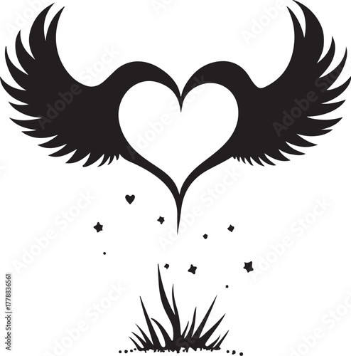 Black winged heart with falling stars and grass wings