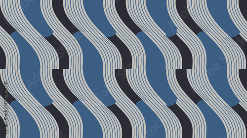 Abstract wavy pattern with blue, gray, and black stripes creating a seamless and modern design