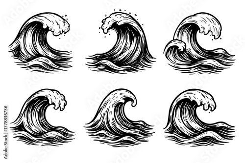 Set of sea waves black and white drawings