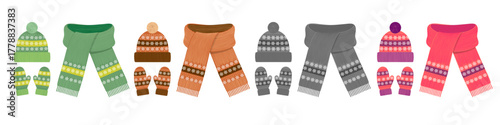 Winter Knitted Hat, Scarf and Mittens Set Collection – Cozy Warm Clothing Vector Illustration, Cozy flat vector illustration of winter knitted hats, scarves and mittens in different colors