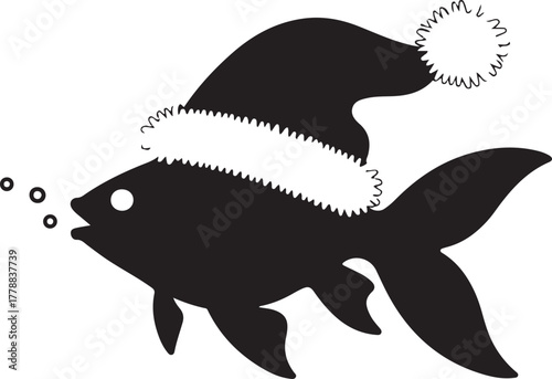Black goldfish silhouette wearing a Santa hat blowing bubbles.