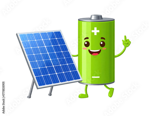 Cartoon Battery Character with Solar Panel on Transparent Background