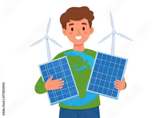Young Man Holding Solar Panels and Globe with Wind Turbines Illustrative Depiction on Transparent Background