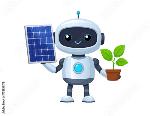 Cartoon Robot Holding Solar Panel And Potted Plant On Transparent Background