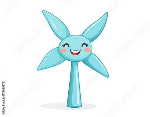 Cartoon Illustration Of Smiling Wind Turbine With Blue Blades And Transparent Background